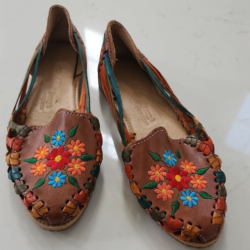 Brown and Orange Embroidered Moccasin Flats